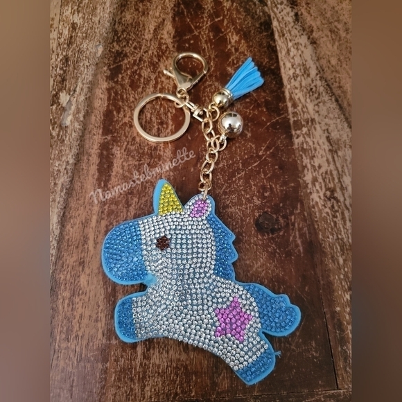 Unicorn Crystal Rhinestone Keychain Bag Charm With Blue Tassel - Picture 14 of 15
